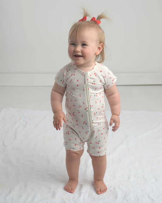 Cherry Bamboo Romper, Cherry Pajamas, Fruit Print Clothes, Bamboo PJs
