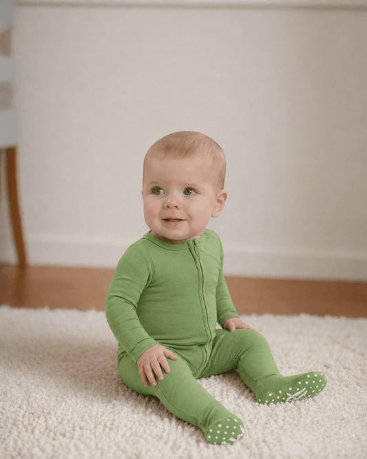 Green Bamboo Zipper Footie, Matching Spring Pajamas for Families