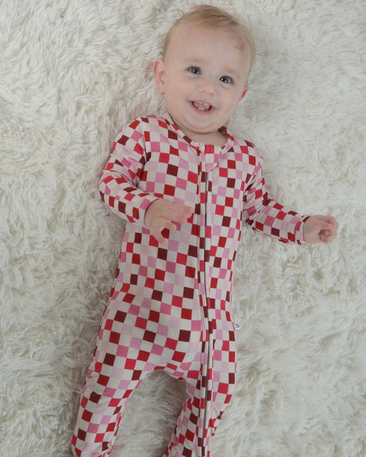 Pink Checkered Zipper Footie PJs - Little WorldzZipper Footie